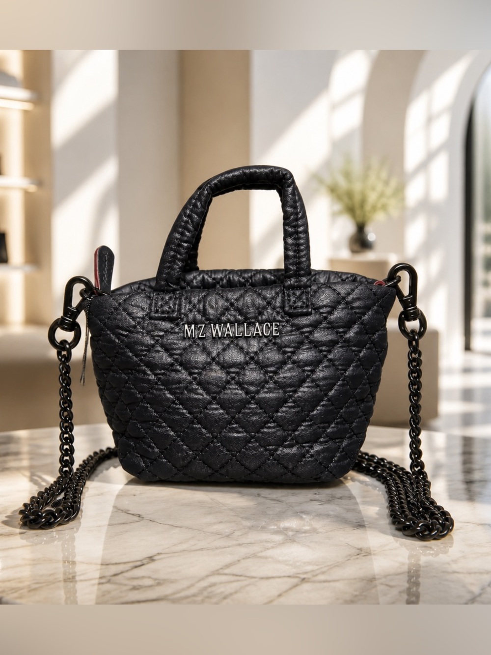 MZ Wallace Tiny XL Metro Tote Black Rec Crossbody w/ Black Chain NWT